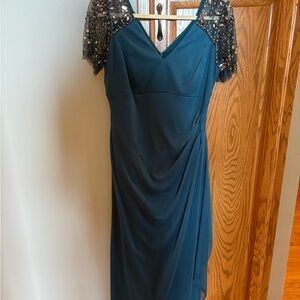 Xscape Neo Emerald Maxi Dress with Sequin Sleeves